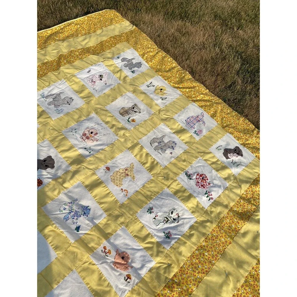 Vintage Homemade Patchwork Quilt Artistic Animals Yellow Unique Cute 70 x 80 in.